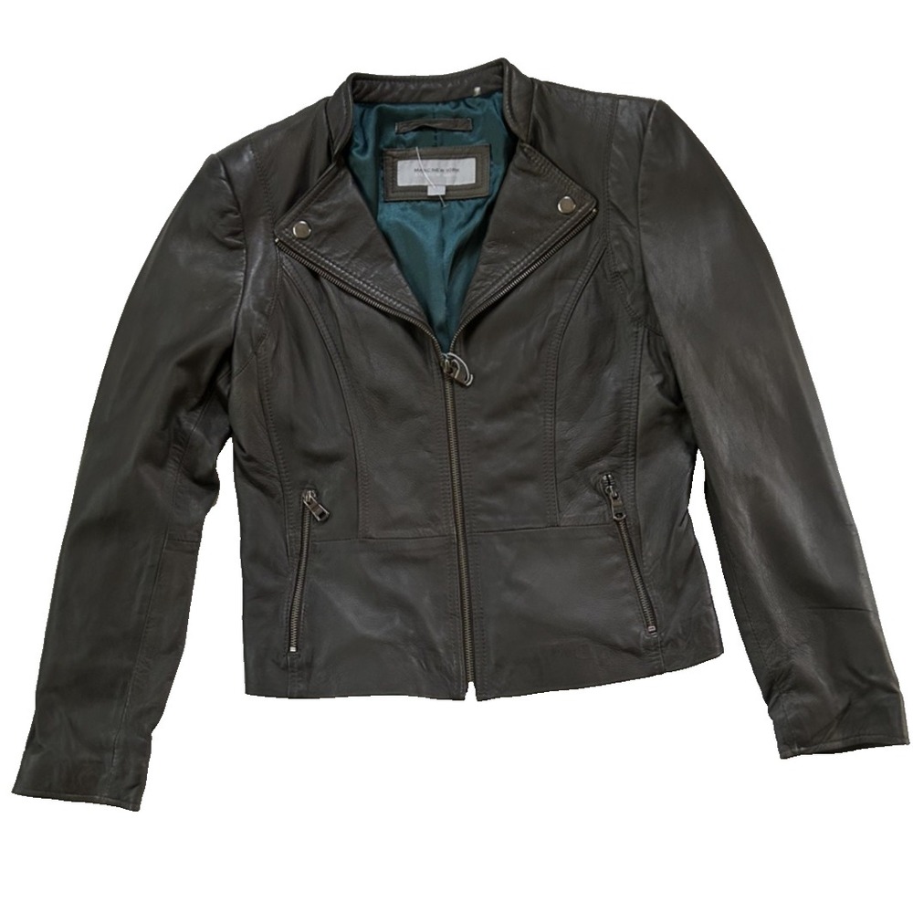 NWT Marc New York Andrew Marc Moto Mob Wife Grey Leather Jacket Size L - Picture 2 of 16
